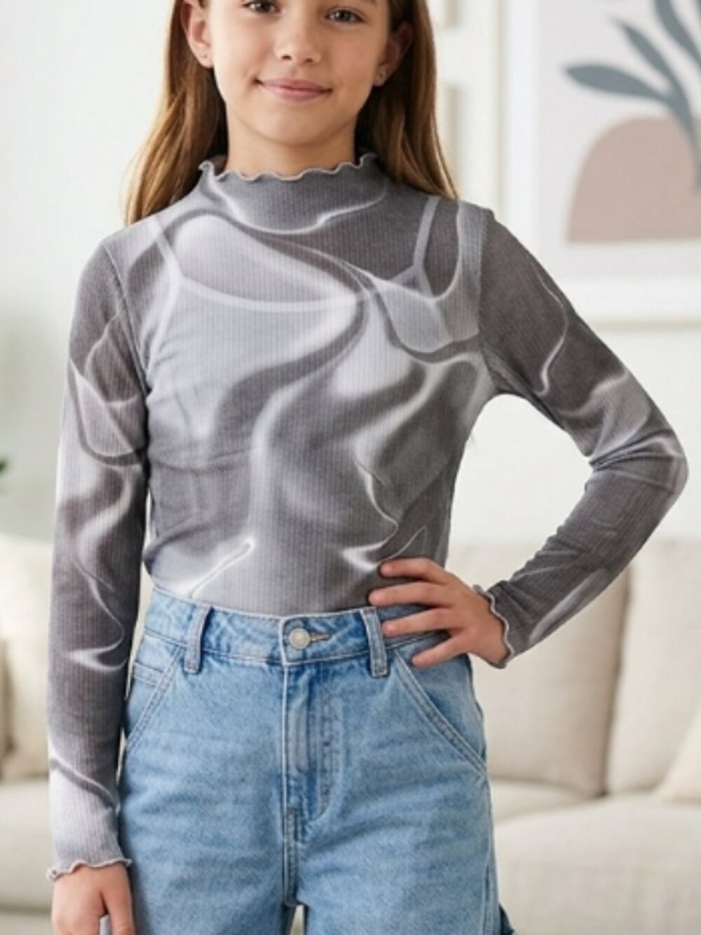 DUNE Golf Kids Ribbed Ruffle Neck Shirt Top 8–9 Girls Gray Marble Print Y2K